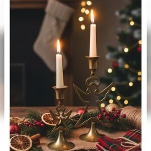 Vintage Pair of Brass Angel Shaped Christmas Candle Holders – Holiday Decor